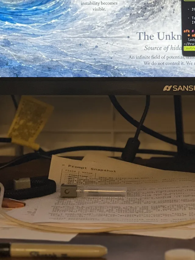 A desk lit by a monitor at night — notes and papers scattered across it, mid-build