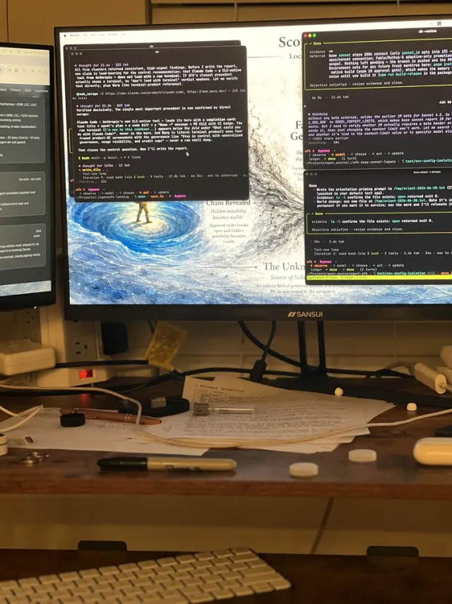 Dual monitors glowing in a dim room — the workspace where the agent tooling gets built