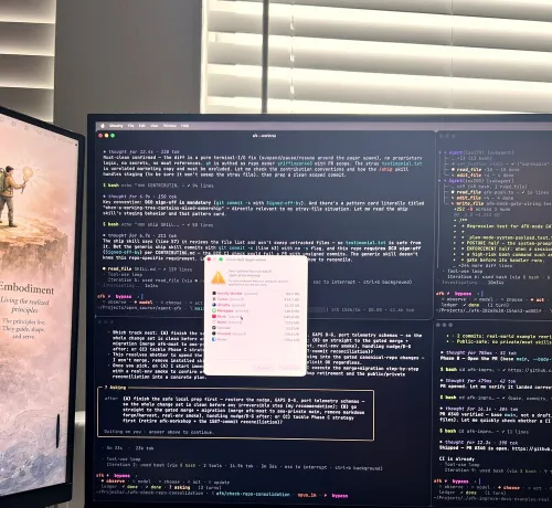 A monitor mid-session showing the macOS 'your system has run out of application memory' dialog